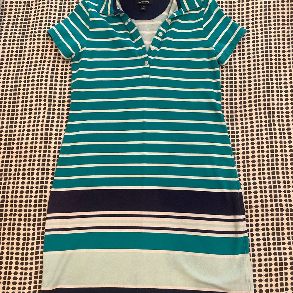 Lands' End Teal and White Striped Dress